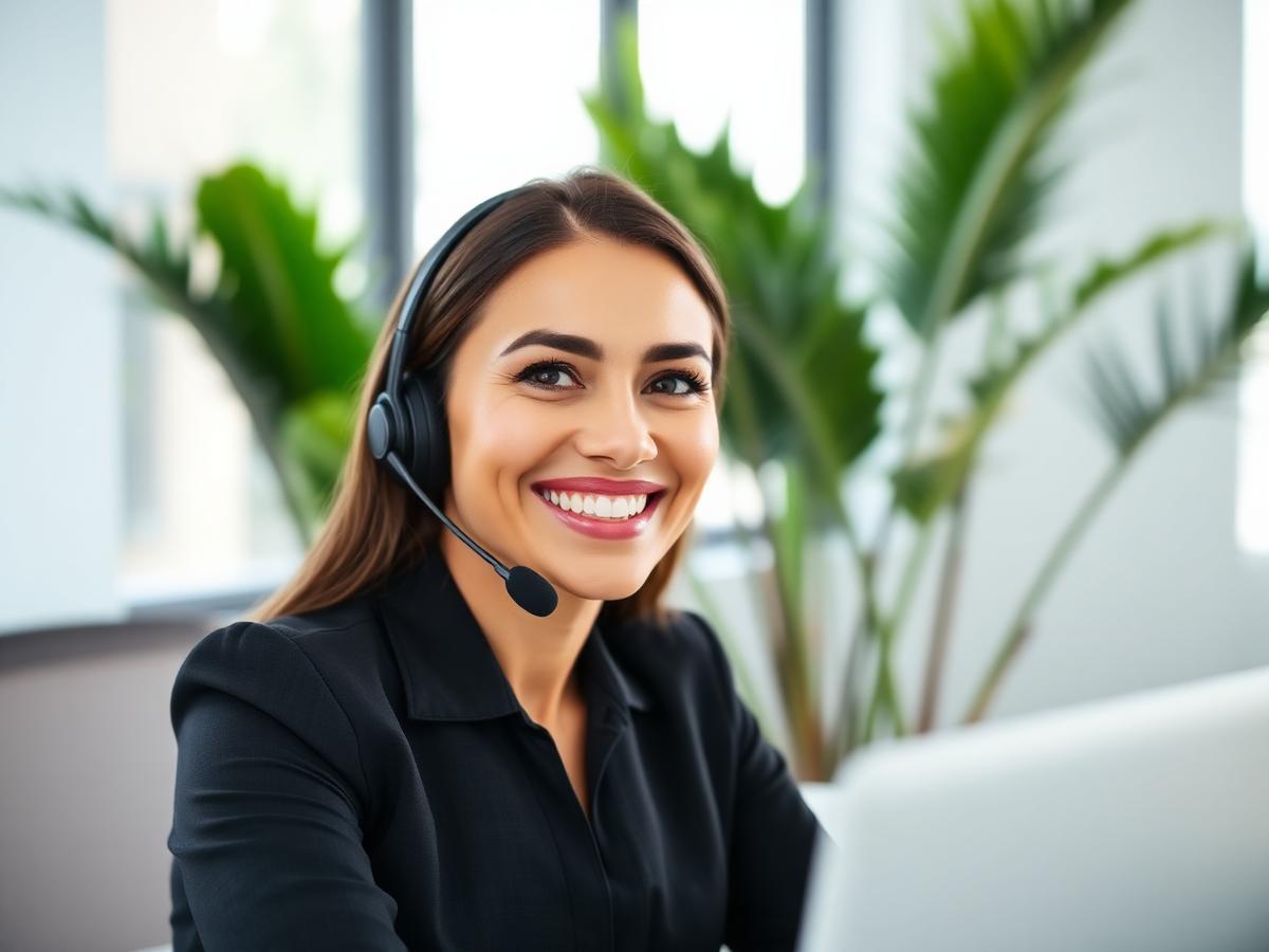 Customer care specialist with a headset smiling at a bright tropical office desk