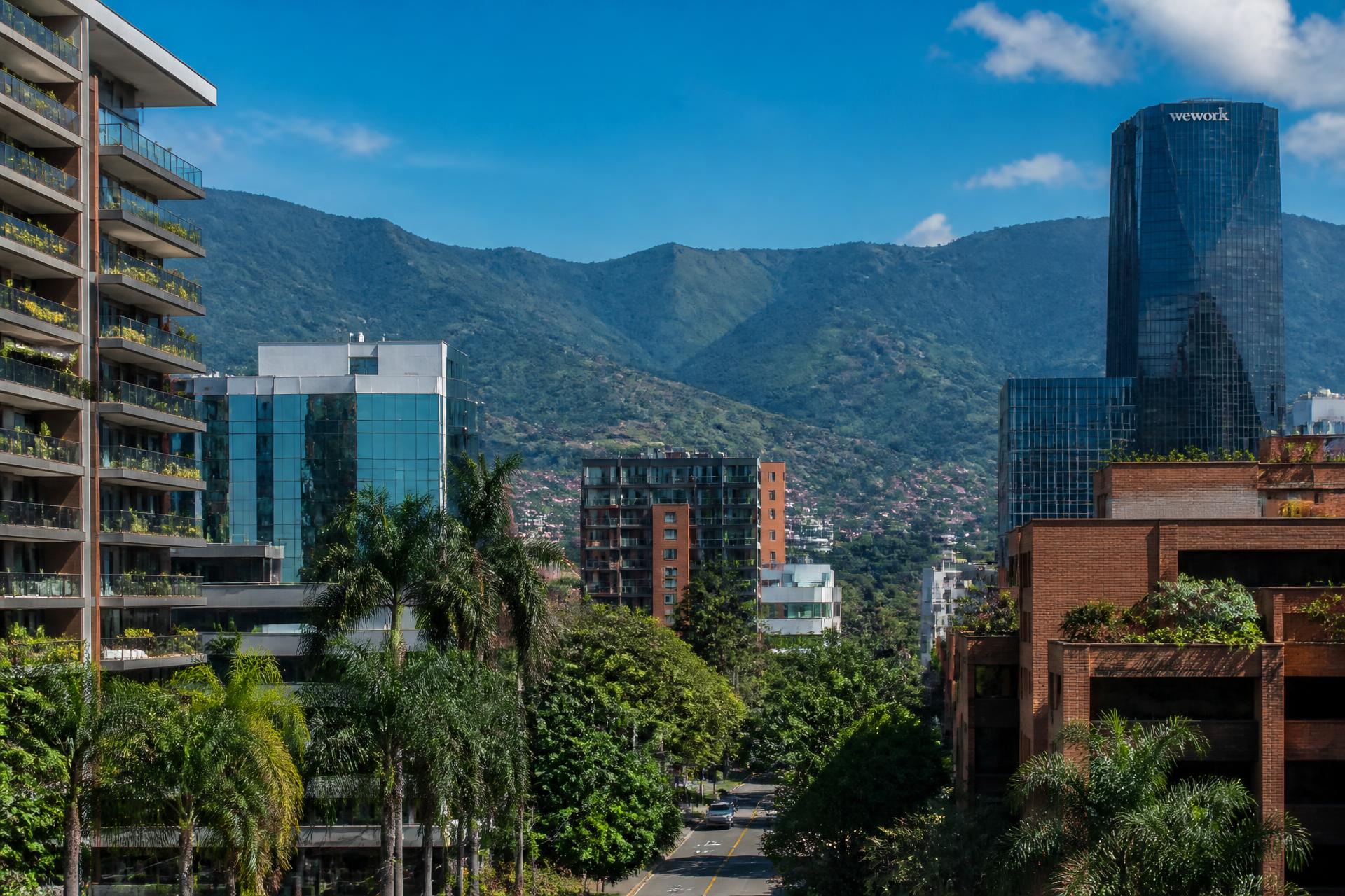 Daytime street-level view of El Poblado, Medellín with palm trees and green mountains behind the city